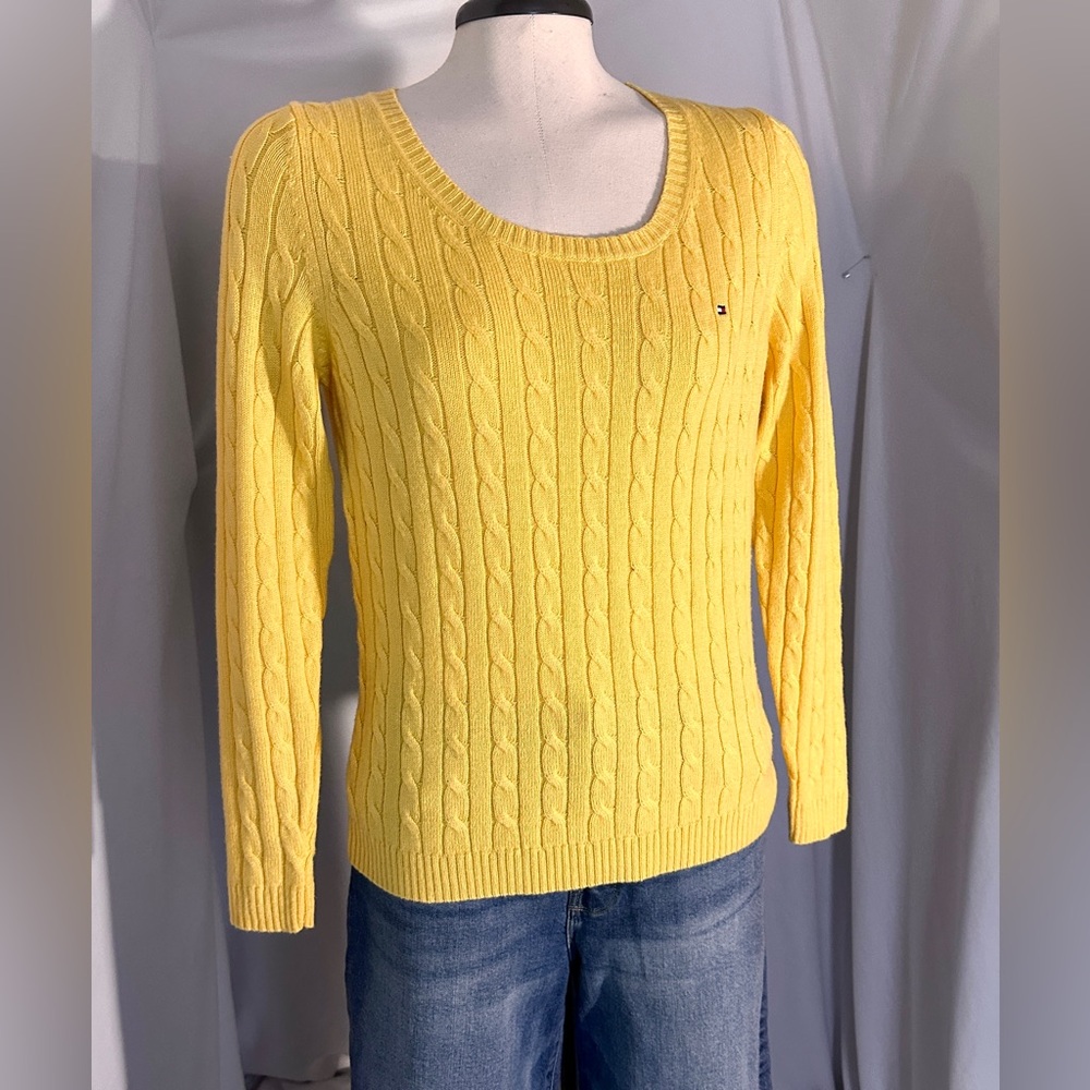 Tommy Hilfiger Yellow Cable Knit Sweater M Women’s Alpaca Wool Blend Classic